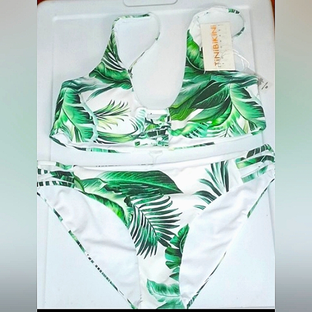 TINIBIKINI GREEN AND WHITE PALM TREE TWO PIECES BATHING SUIT